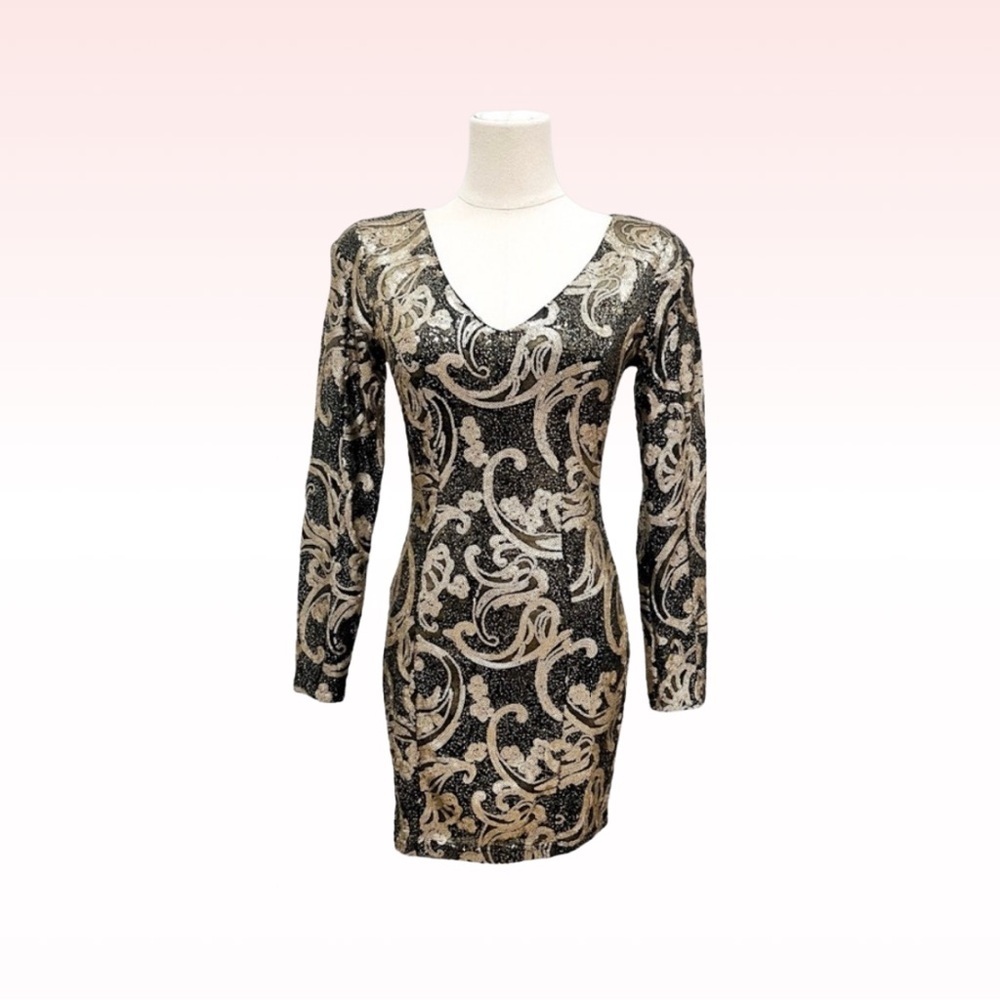 Black & Gold Sequin Long Sleeve Dress (Sz S)
